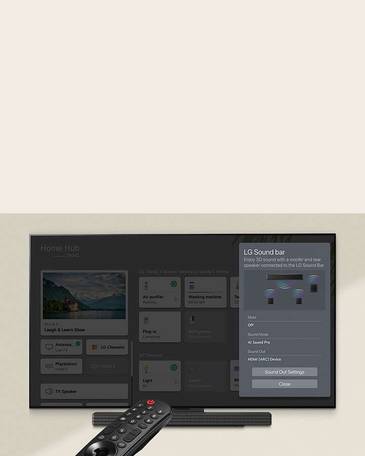 Um controlo remoto apontado para uma LG OLED TV a mostrar definições no lado direito do ecrã.