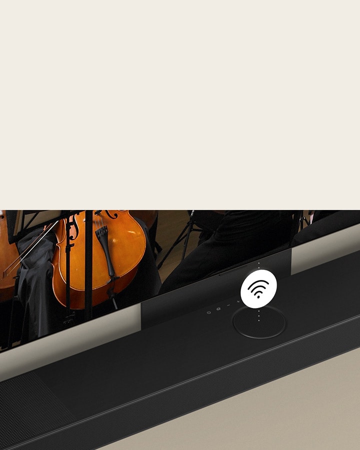 A imagem de uma LG OLED TV e LG Soundbar montadas na parede com um símbolo branco de Wi-Fi no meio.