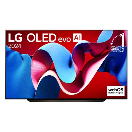 Vista frontal com a LG OLED evo TV, OLED C4, o emblema dos 11 anos da OLED número 1 do mundo e o logótipo do webOS Re:New Program no ecrã