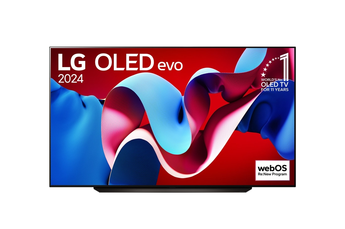 Vista frontal com a LG OLED evo TV, OLED C4, o emblema dos 11 anos da OLED número 1 do mundo e o logótipo do webOS Re:New Program no ecrã