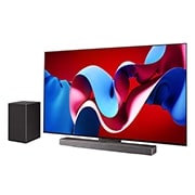 Vista lateral direita ligeiramente inclinada da LG OLED evo TV, OLED C4 com uma LG Soundbar abaixo e um subwoofer ao lado