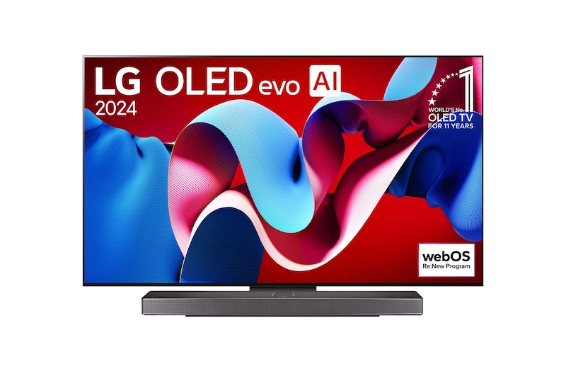 Vista frontal com a LG OLED evo TV, OLED C4, o logótipo do emblema dos 11 anos da OLED número 1 do mundo e o logótipo do webOS Re:New Program no ecrã, assim como a barra de som abaixo