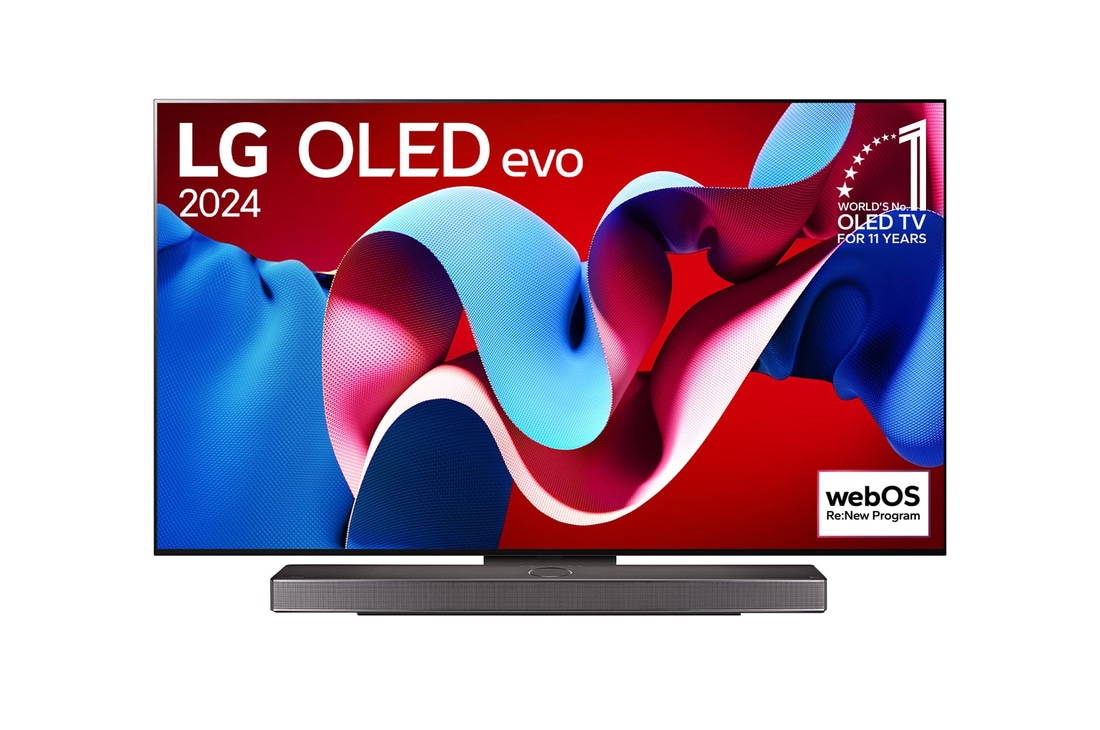 Vista frontal com a LG OLED evo TV, OLED C4, o logótipo do emblema dos 11 anos da OLED número 1 do mundo e o logótipo do webOS Re:New Program no ecrã, assim como a barra de som abaixo