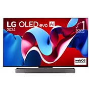 Vista frontal com a LG OLED evo TV, OLED C4, o logótipo do emblema dos 11 anos da OLED número 1 do mundo e o logótipo do webOS Re:New Program no ecrã, assim como a barra de som abaixo