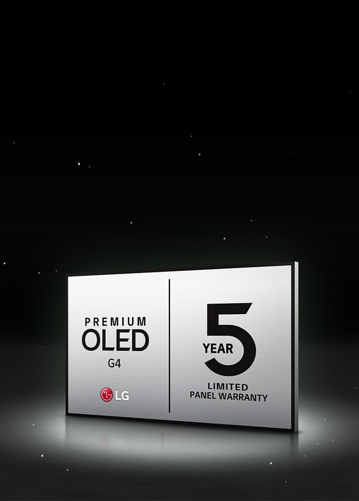 Uma imagem do logótipo LG OLED Care+ e da garantia de 5 anos do painel num fundo preto.