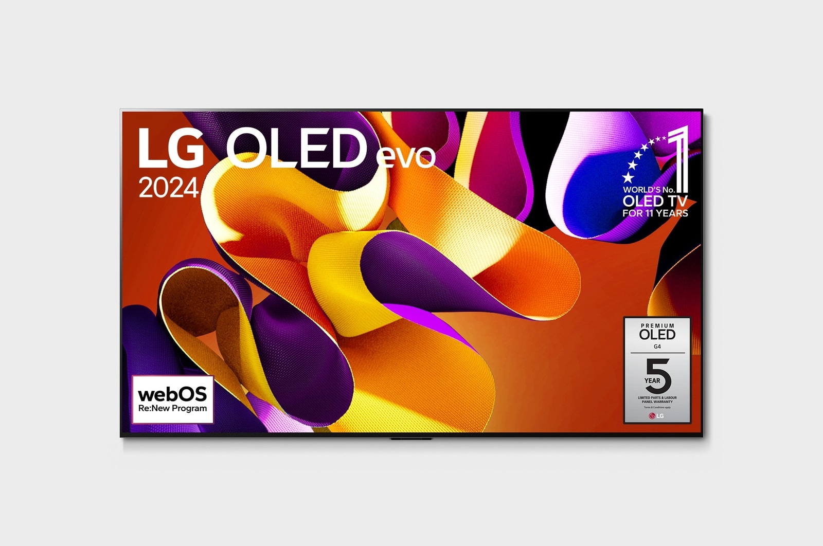 Vista frontal com a LG OLED evo TV, OLED G4, o emblema dos 11 anos da OLED número 1 do mundo e o logótipo da garantia do painel de 5 anos no ecrã
