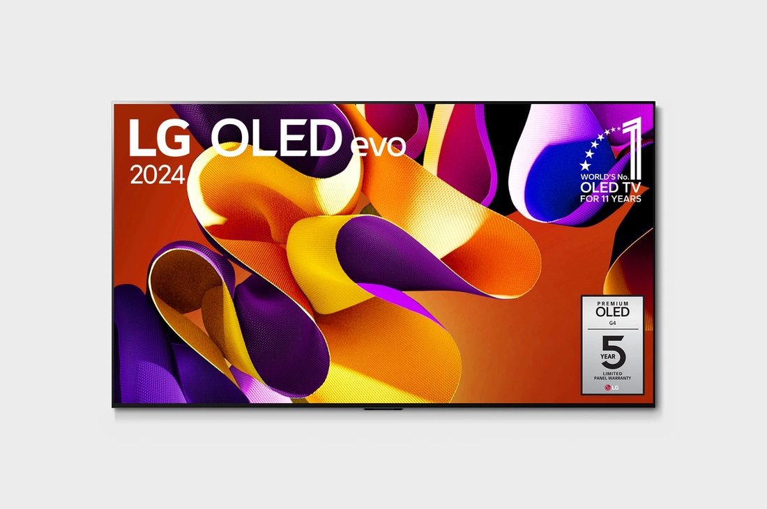 Vista frontal com a LG OLED evo TV, OLED G4, o emblema dos 11 anos da OLED número 1 do mundo e o logótipo da garantia do painel de 5 anos no ecrã