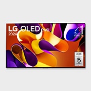 Vista frontal com a LG OLED evo TV, OLED G4, o emblema dos 11 anos da OLED número 1 do mundo e o logótipo da garantia do painel de 5 anos no ecrã