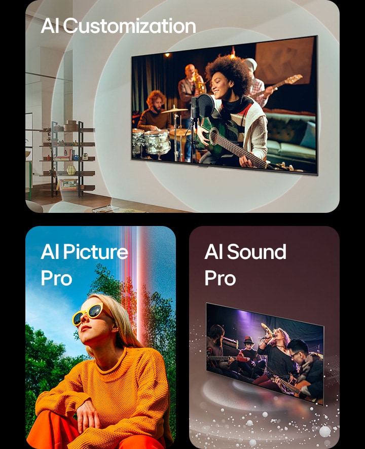 TV LG instalada numa parede de uma sala de estar com um guitarrista no ecrã, com gráficos de círculos concêntricos que representam ondas sonoras e as palavras "AI Customization" no canto superior esquerdo. Uma mulher agachada no exterior num dia de sol, em frente a árvores e a um céu azul, e as palavras "AI Picture Pro" no canto superior esquerdo. LG TV com bolhas de som e ondas que saem do ecrã e preenchem o espaço, e a palavra "AI Sound Pro" no canto superior esquerdo. 