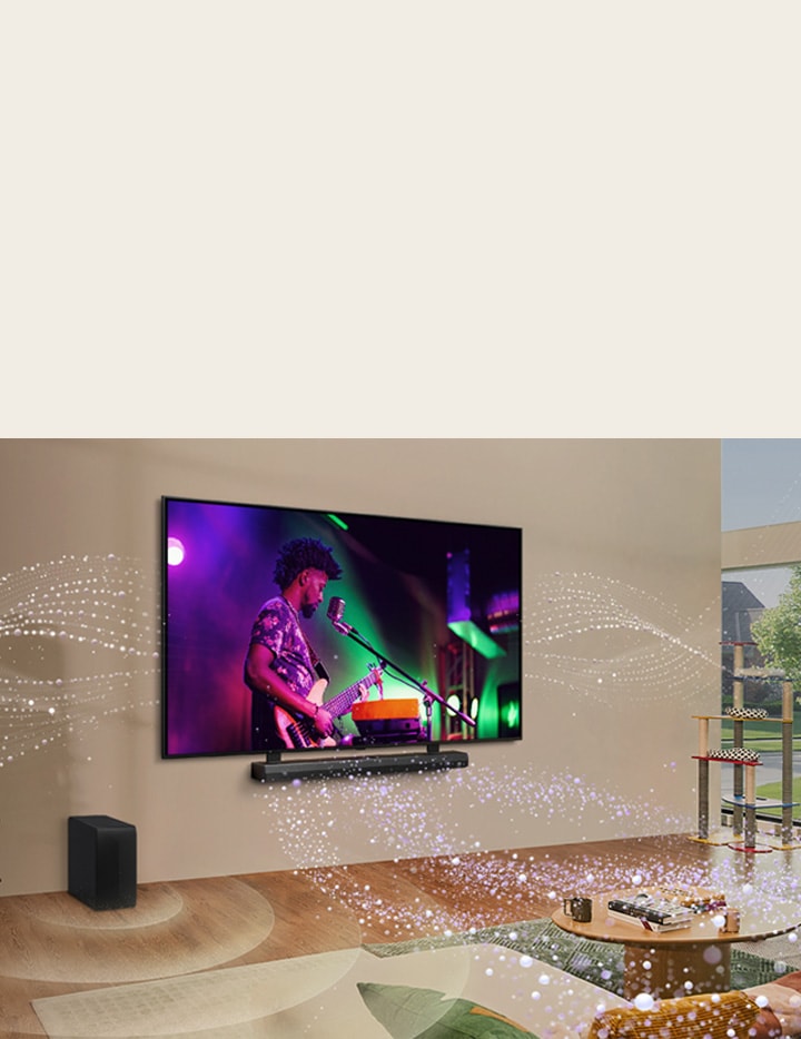 LG TV e LG Soundbar montados na parede de uma sala de estar e gráficos com formas brilhantes em toda a sala.