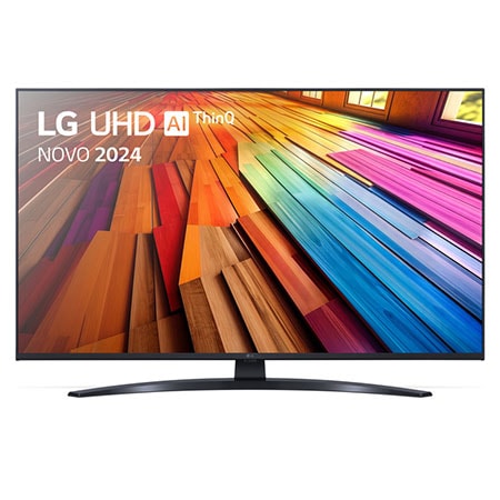 Vista frontal da LG UHD TV, UT90 com texto da LG UHD AI ThinQ, 2024 e o logótipo do webOS Re:New Program no ecrã