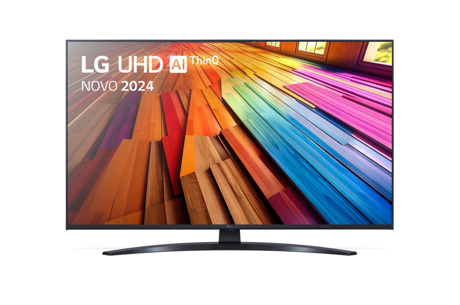 Vista frontal da LG UHD TV, UT80 com texto da LG UHD AI ThinQ, 2024 e o logótipo do webOS Re:New Program no ecrã