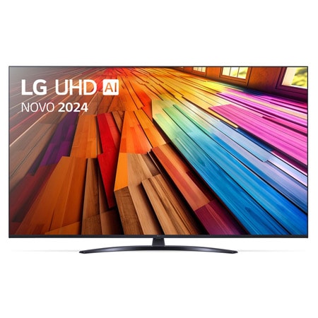 Vista frontal da LG UHD TV, UT90 com texto da LG UHD AI ThinQ, 2024 e o logótipo do webOS Re:New Program no ecrã