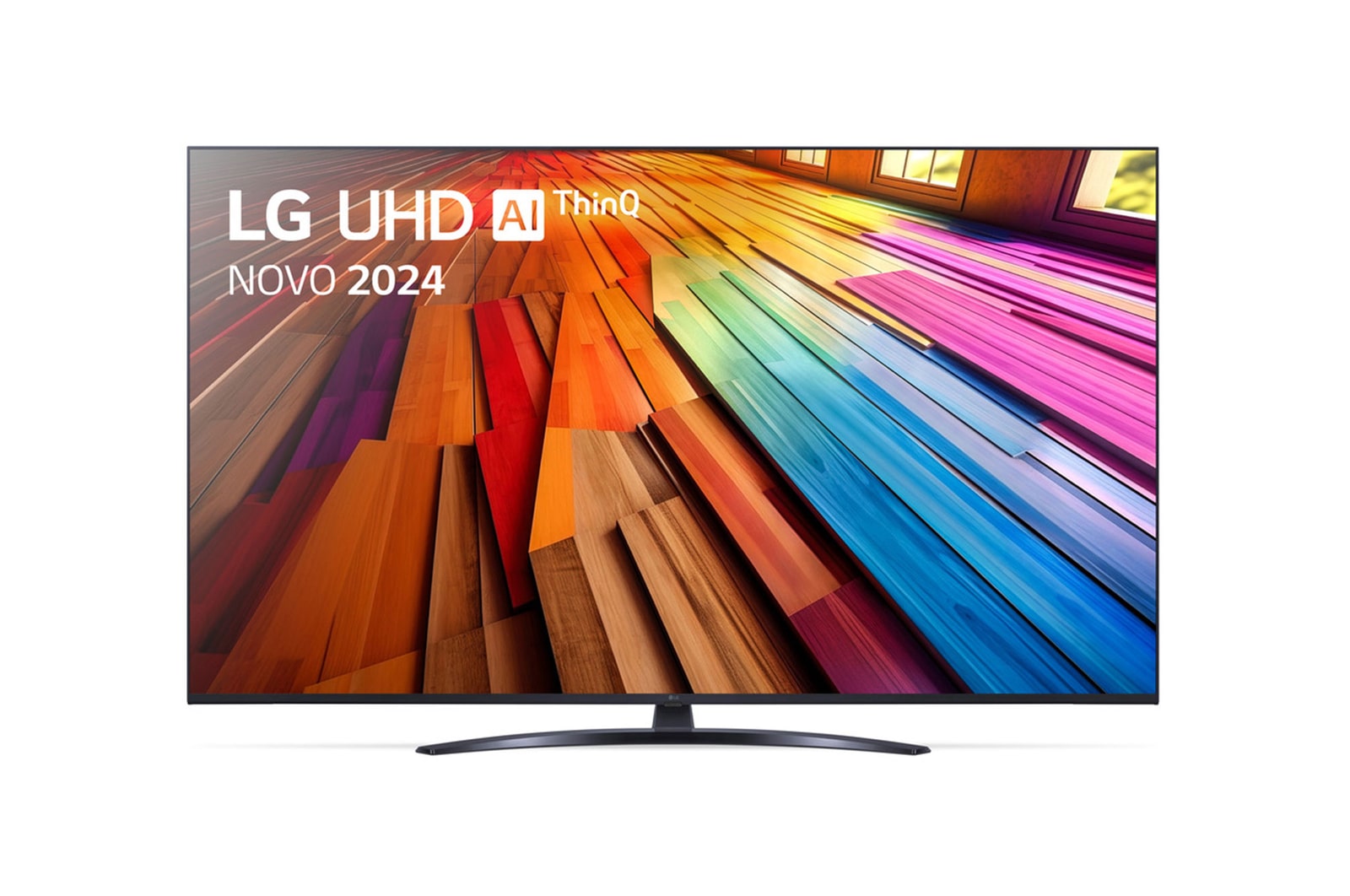 Vista frontal da LG UHD TV, UT80 com texto da LG UHD AI ThinQ, 2024 e o logótipo do webOS Re:New Program no ecrã