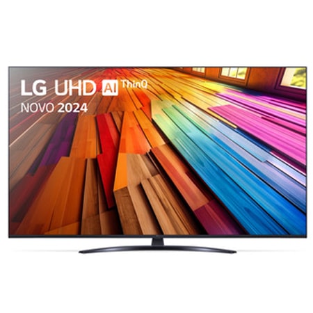 Vista frontal da LG UHD TV, UT90 com texto da LG UHD AI ThinQ, 2024 e o logótipo do webOS Re:New Program no ecrã