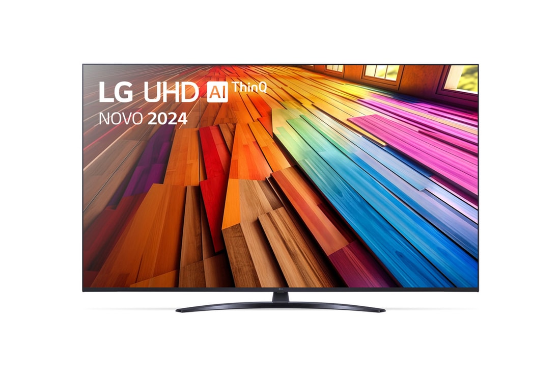 Vista frontal da LG UHD TV, UT80 com texto da LG UHD AI ThinQ, 2024 e o logótipo do webOS Re:New Program no ecrã