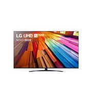 Vista frontal da LG UHD TV, UT80 com texto da LG UHD AI ThinQ, 2024 e o logótipo do webOS Re:New Program no ecrã