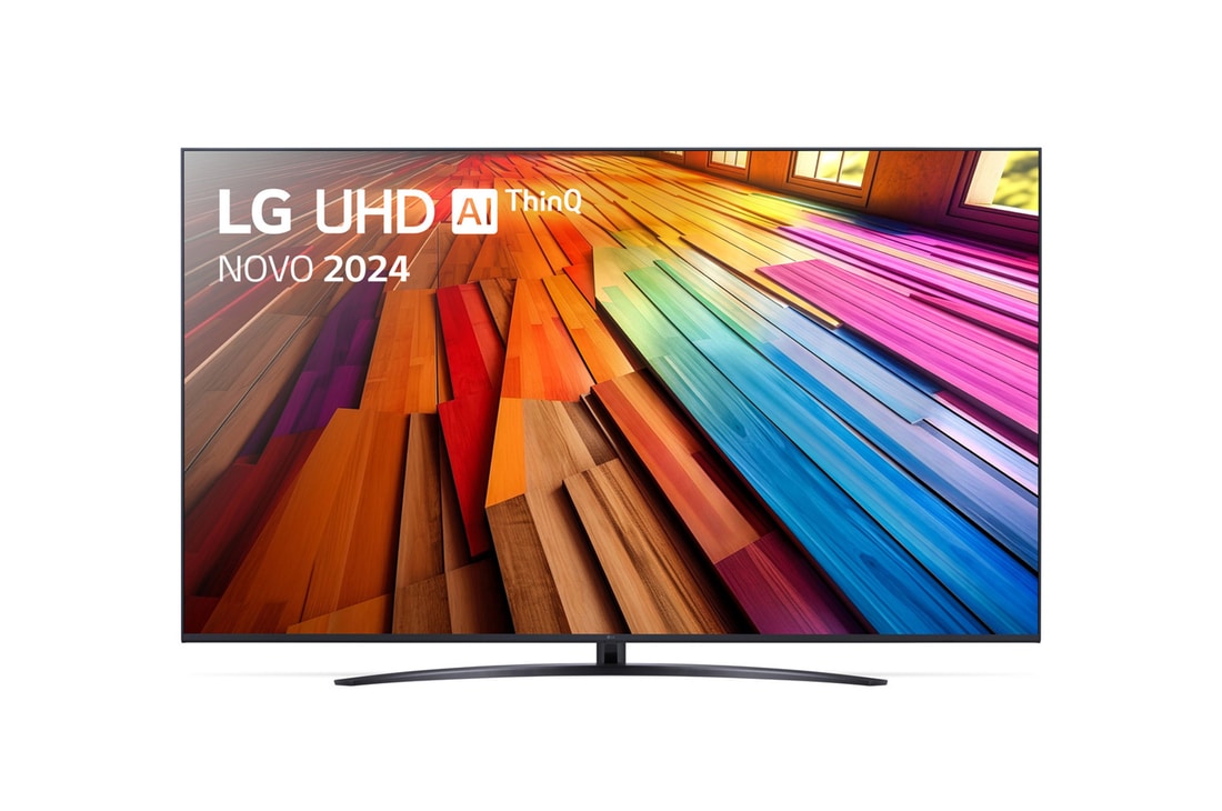Vista frontal da LG UHD TV, UT80 com texto da LG UHD AI ThinQ, 2024 e o logótipo do webOS Re:New Program no ecrã