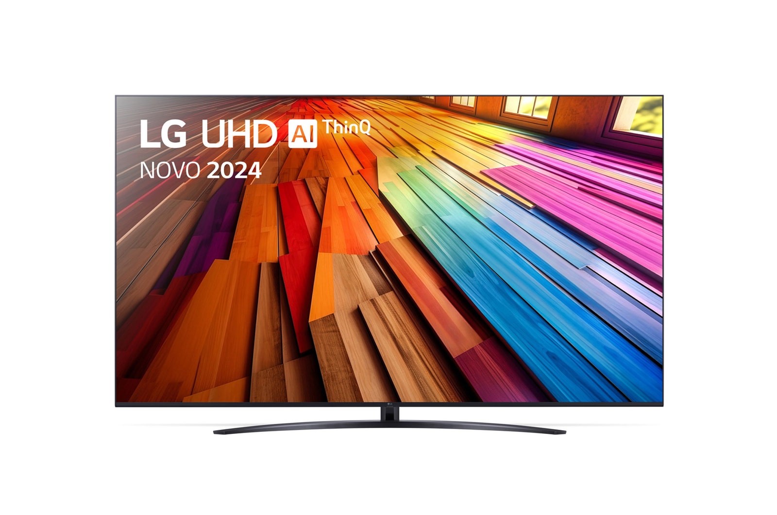 Vista frontal da LG UHD TV, UT80 com texto da LG UHD AI ThinQ, 2024 e o logótipo do webOS Re:New Program no ecrã