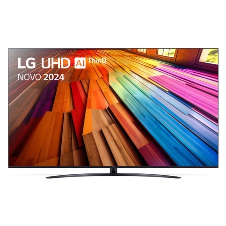 Vista frontal da LG UHD TV, UT90 com texto da LG UHD AI ThinQ, 2024 e o logótipo do webOS Re:New Program no ecrã