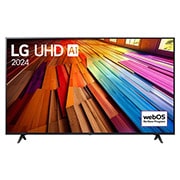 Vista frontal da LG UHD TV, UT80 com texto da LG UHD AI ThinQ, 2024 e o logótipo do webOS Re:New Program no ecrã