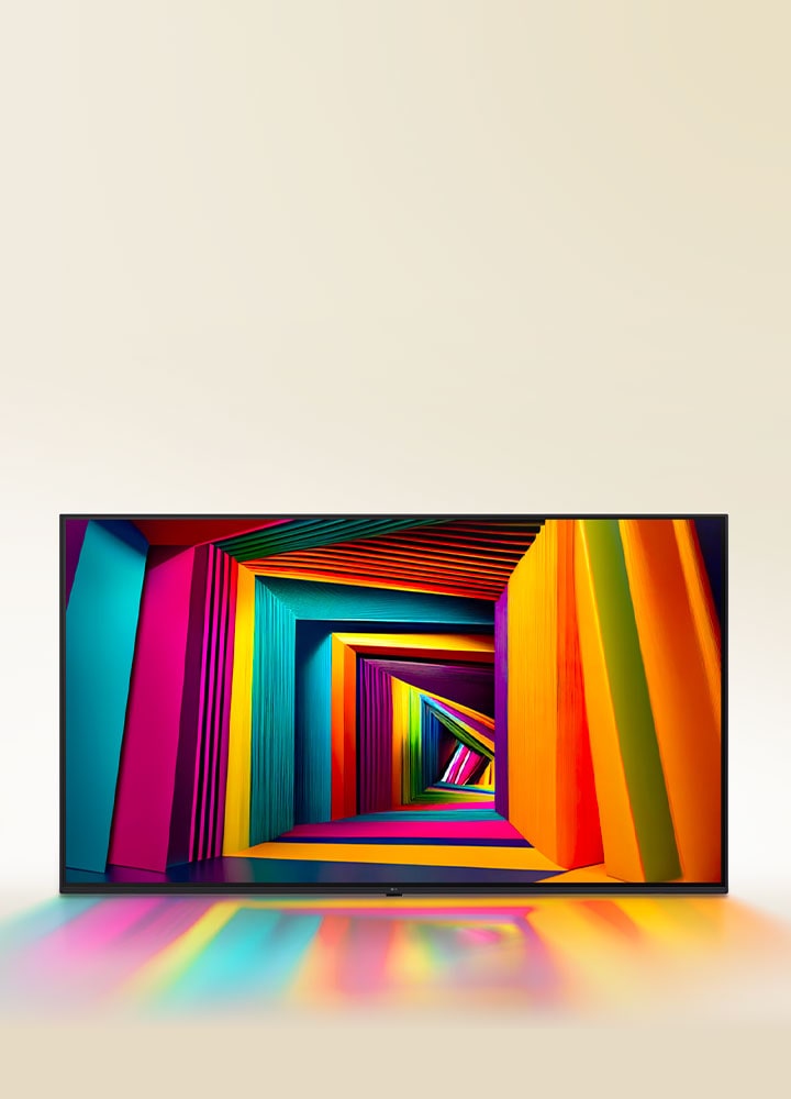 Um túnel em forma de quadrado com cores vibrantes, que fica gradualmente mais estreito em direção à parte de trás, exibido numa LG TV.