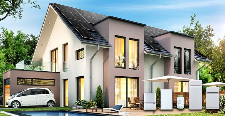 A house with solar panels on the roof. A car is in front of the house and 2 Energy Solar System models are to the right.