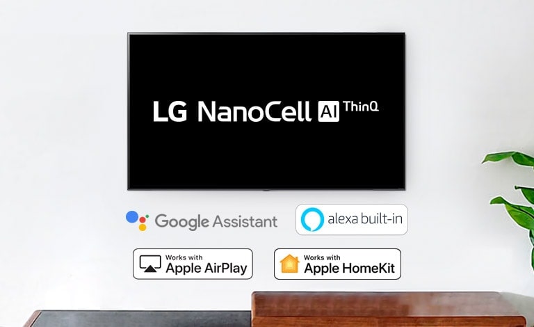 Televisão montada na parede com o logótipo LG NanoCell AI ThinQ em fundo preto