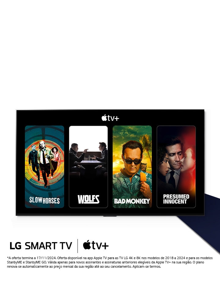 Uma imagem da LG OLED TV. O conteúdo da Apple TV+ aparece no ecrã e o título é "Ganhe três meses de Apple TV+ grátis com as LG Smart TV".