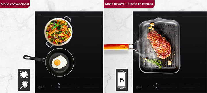 Imagem dividida entre cozinhar com um tacho em dois queimadores e dois tachos em dois queimadores.