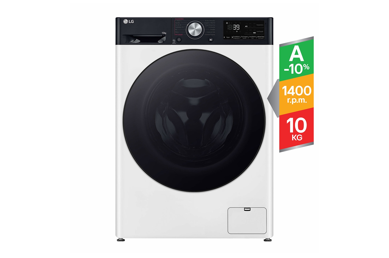 Vista frontal de Máquina de lavar roupa LG F4WR7010SGH, 10 kg, eficiência energética A-10%, 1400 r.p.m., AI DD™, Steam™, TurboWash360™, branco