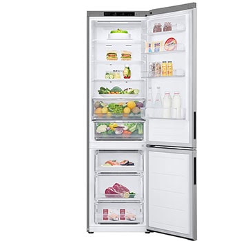 imagem frontal com porta aberta e alimentos armazenados