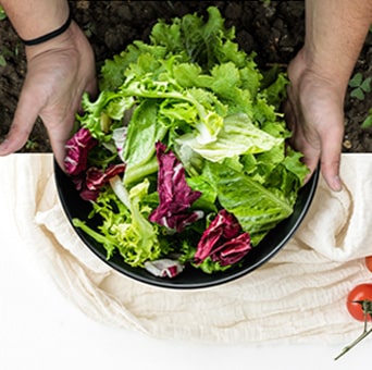 Mãos a segurar uma saladeira cheia de vegetais frescos numa mesa.