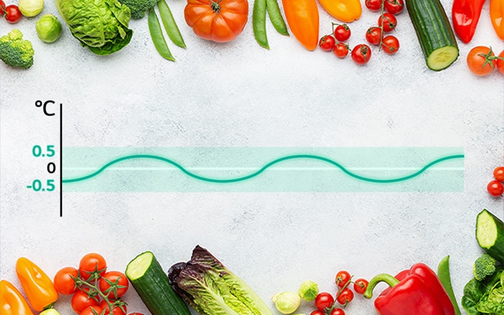 Gráfico linear de refrigeração com vegetais frescos nas proximidades, mostrando as flutuações de temperatura mantidas a ±0,5 ℃, permitindo a frescura dos alimentos.