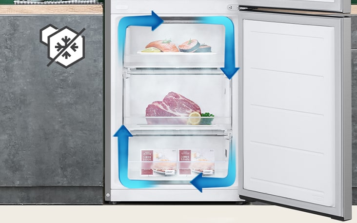 Congelador no frost com refrigeração uniforme e ar frio circulado para manter os alimentos frescos em todos os cantos.