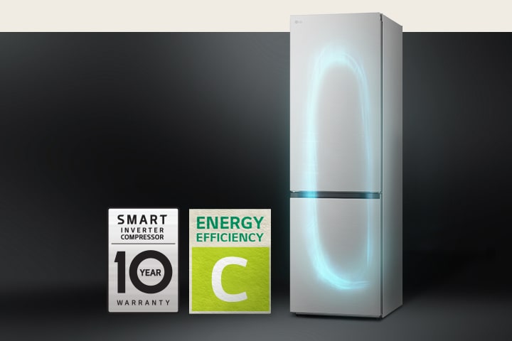 Frigorífico com sistema de refrigeração eficiente por Smart Inverter Compressor e etiqueta de garantia de 10 anos do compressor.