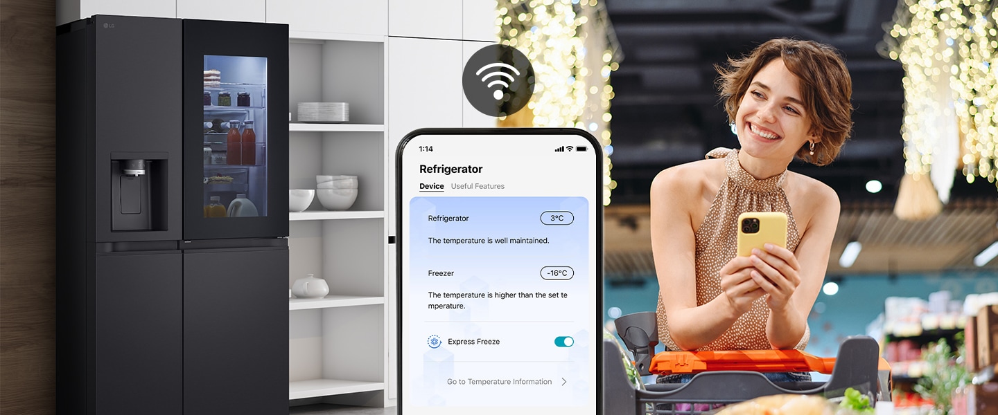 Image on the right shows a woman standing in a grocery store looking at her phone. Image on the left shows the refrigerator front view. In the center of the images is an icon to show connectivity between the phone and refrigerator.