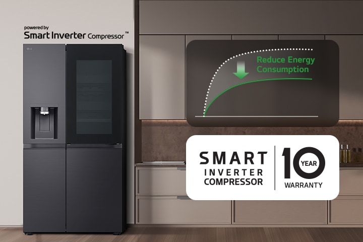 The refrigerator is installed in the kitchen wall and there is a graph showing the reduction of energy consumption using the smart inverter compressor.