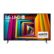 Vista frontal da LG UHD TV, UT91 com texto da LG UHD AI ThinQ, 2024 e o logótipo do webOS Re:New Program no ecrã