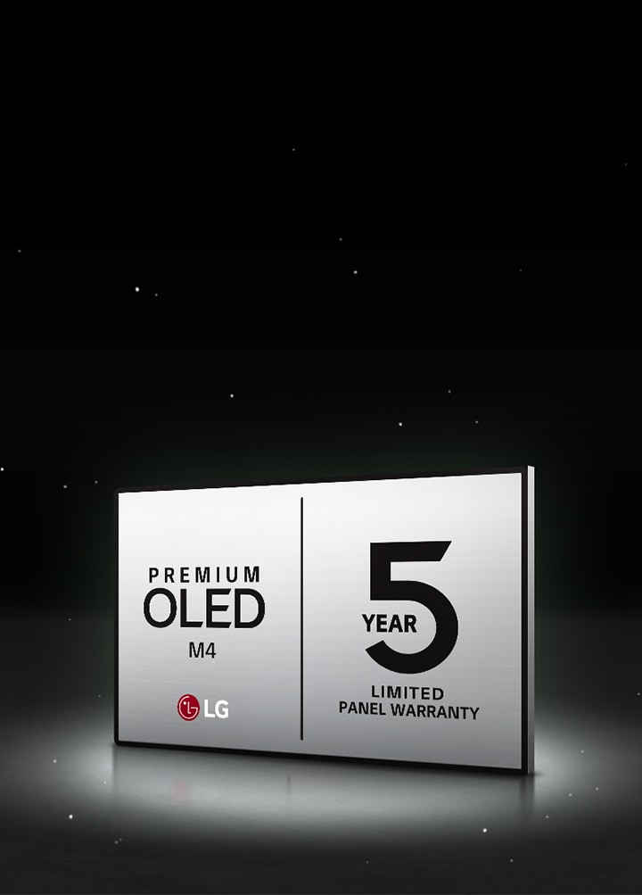 Logótipo LG Proteção OLED e 5 anos de garantia do painel num fundo preto.	