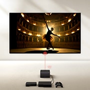 Uma Zero Connect Box em frente a uma LG OLED evo M4, com um sinal Wi-Fi vermelho e um feixe vermelho a emitir em direção à TV. A TV mostra uma bailarina a dançar a solo no palco.