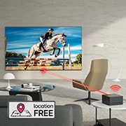 Uma LG OLED evo M4 montada numa parede de mármore de uma sala de estar moderna e luminosa. Uma Zero Connect Box numa mesa por detrás de outros móveis e um sinal Wi-Fi vermelho e um feixe vermelho a emitir na direção da TV. As palavras "sem localização fixa" no canto inferior esquerdo.