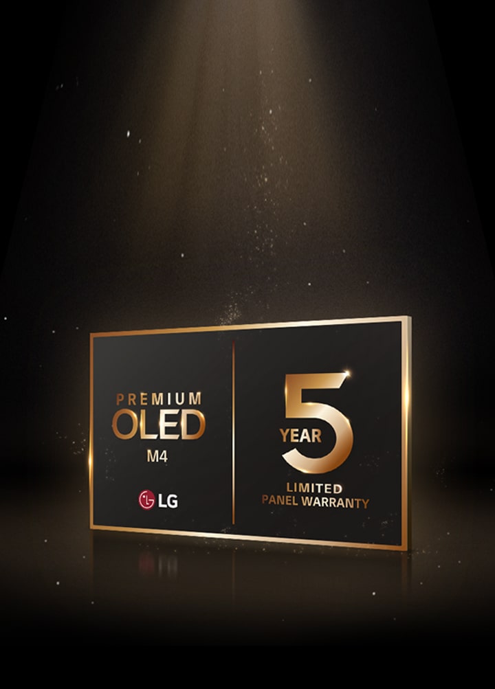 Immagine che riporta i loghi LG OLED Care+ e 5 anni di garanzia sul pannello su uno sfondo nero.