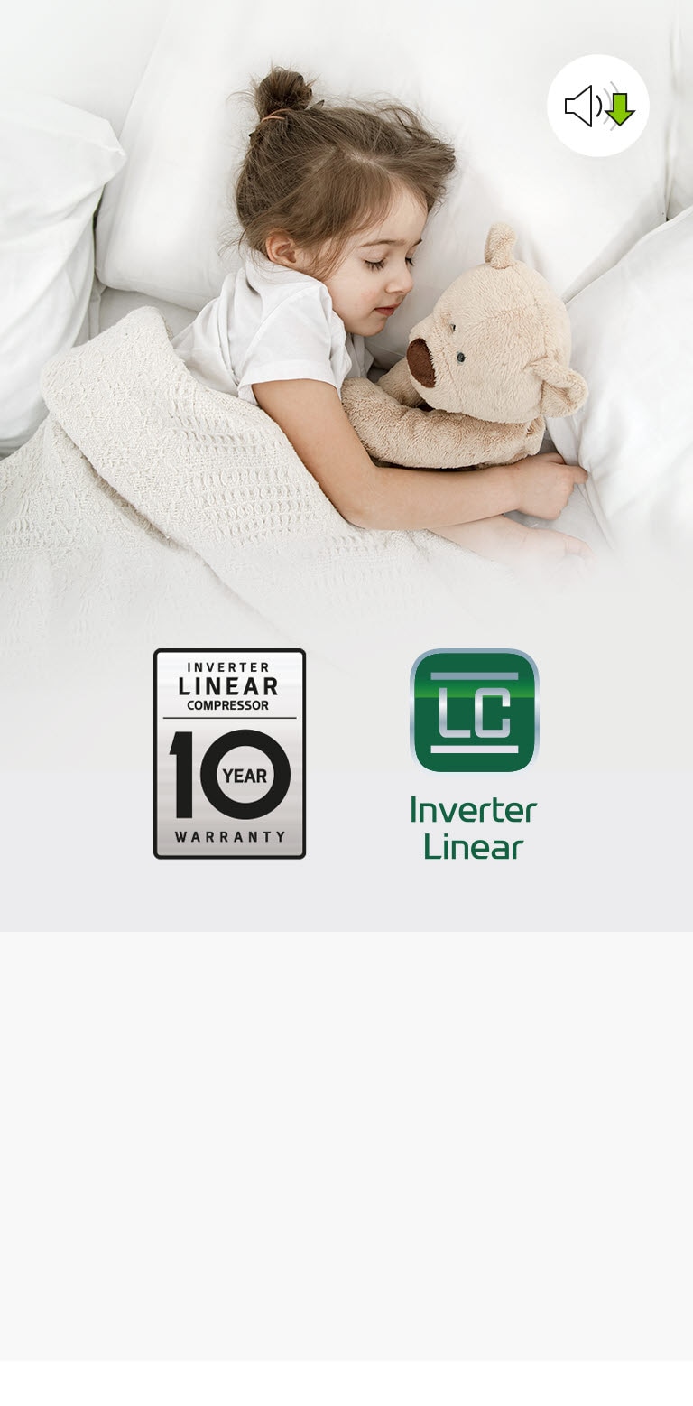 Uma criança dorme numa cama com um urso de peluche. Uma símbolo indica um baixo nível de volume. O logo dos 10 anos de garantia do compressor e o próprio compressor estão no canto inferior direito da imagem.