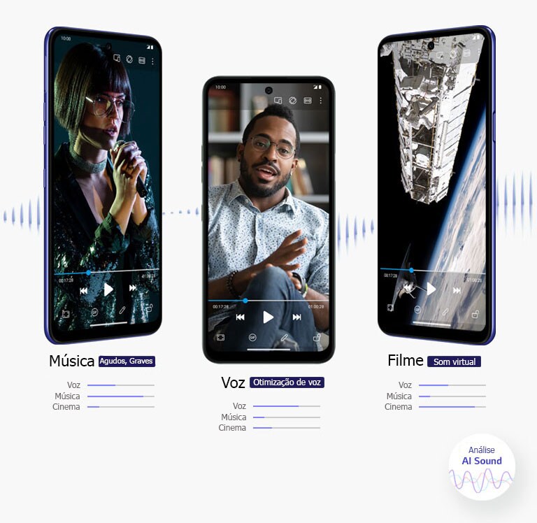 Três smartphones a reproduzirem um filme, uma música e um vídeo.