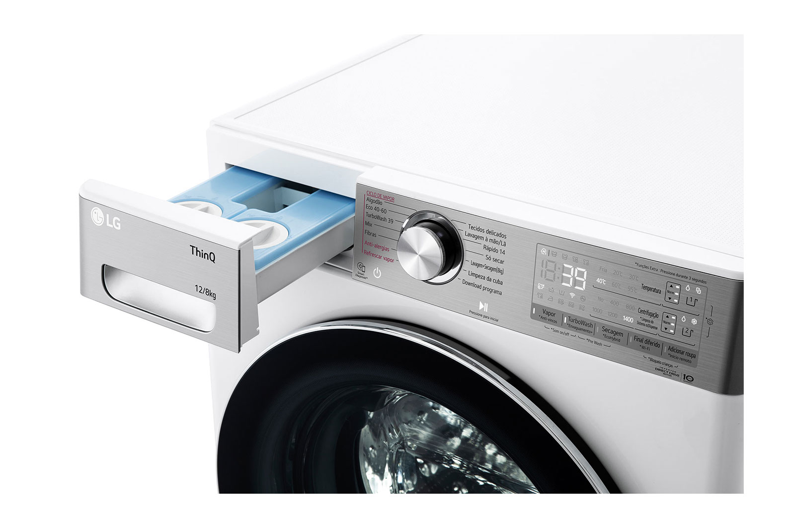 LG Máquina de lavar e secar roupa LG F4DV9512P2W, 12/8 kg, eficiência energética A/E, 1400 r.p.m., AI DD™, Steam+™, TurboWash360™, ezDispense™, EcoHybrid™, branco, F4DV9512P2W