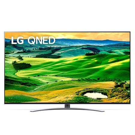 Vista frontal da TV LG QNED com imagem infill e logótipo do produto