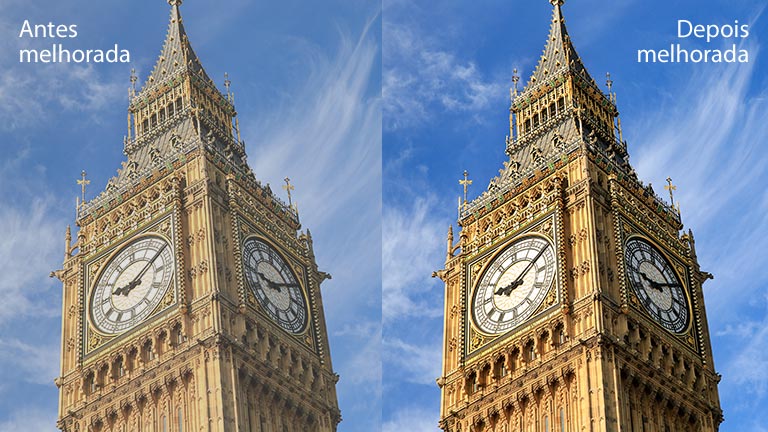 Uma imagem do Big Ben à direita com o texto 'Após o redimensionamento' tem mais brilho e definição em comparação com a mesma imagem à esquerda com o texto 'Antes do redimensionamento'.