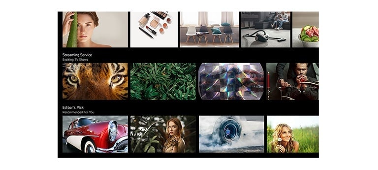Ecrã de TV que mostra vários conteúdos listados e recomendados pela LG ThinQ AI