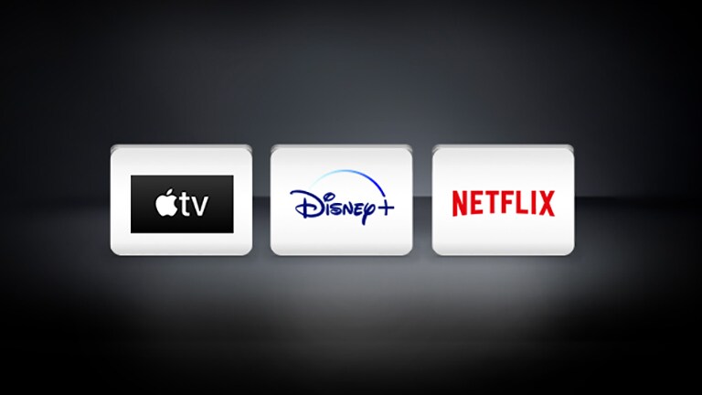 O logótipo Netflix, o logótipo Disney , o logótipo Apple TV organizados horizontalmente num fundo negro.